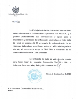 Embassy of Cuba in Vietnam sent a thank you letter to Pacific Corporation 